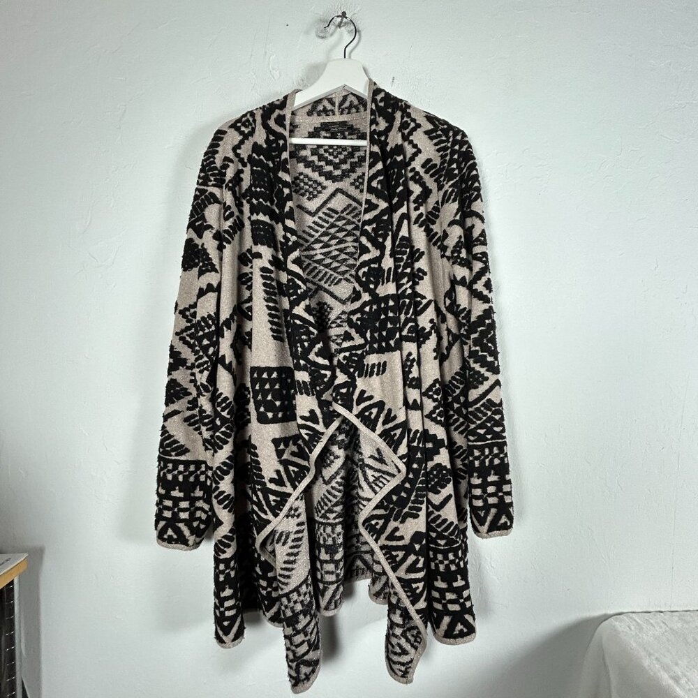 Lucky Brand Womens Aztec Cardigan XL Black Beige Metallic Knit Open Sweater Boho